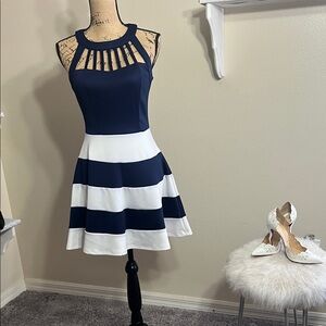 Elegant Navy and White halter Striped Dress